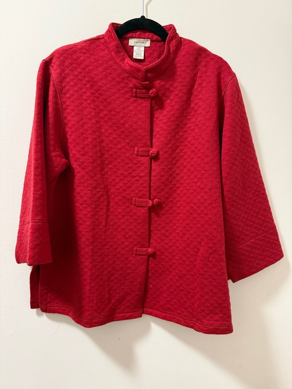 Natori Quilted Red Beijing Jacket with Mandarin Collar & Frog Button Closures.